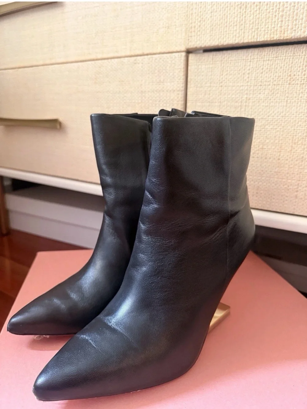 cult gaia Black Kenna Pointed-Toe Leather Ankle Boots with Metallic Heel